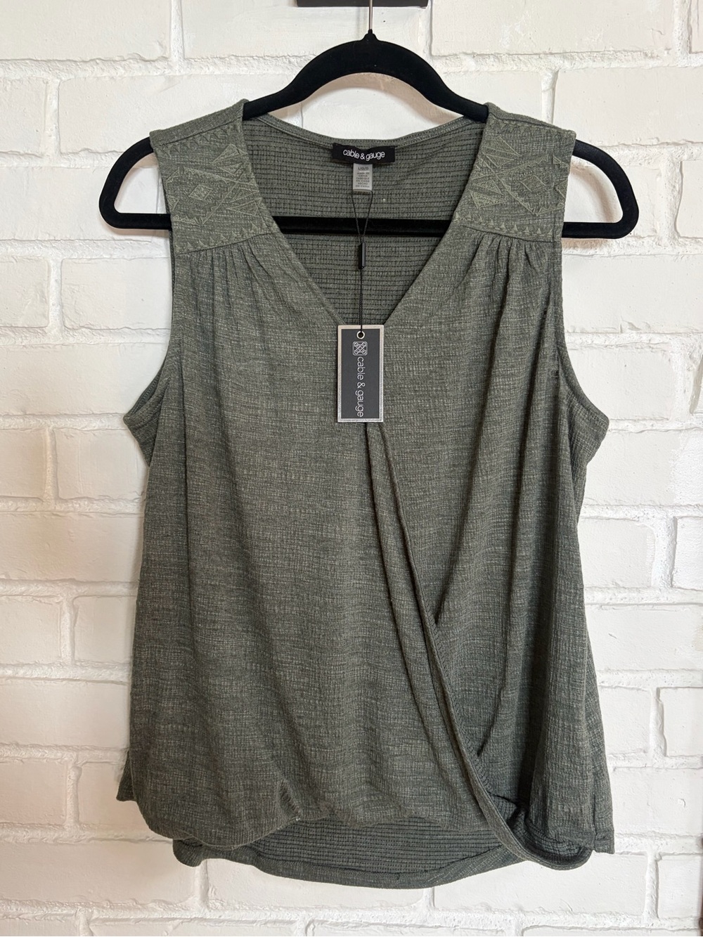 Cable & Gauge Olive Green Sleeveless V-Neck Faux Wrap Top